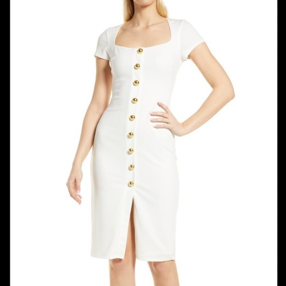 NWT Black Halo Akira Sheath Dress Pearl Gold Buttons Short Sleeves Stretch Sz 8 - Picture 3 of 16